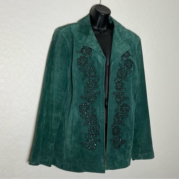 Nolan Miller Jackets & Blazers - Vintage Suede Leather Green Beaded Black Blazer Single Breast Retro Rockabilly